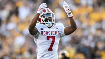 Sep 27, 2025; Iowa City, Iowa, USA; Indiana Hoosiers defensive back Louis Moore (7) reacts late in the game against the Iowa Hawkeyes at Kinnick Stadium. Mandatory Credit: Jeffrey Becker-Imagn Images
