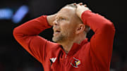 Nov 11, 2025; Louisville, Kentucky, USA;  Louisville Cardinals head coach Pat Kelsey reacts during the second half against the Kentucky Wildcats at KFC Yum! Center. Louisville defeated Kentucky 96-88. Mandatory Credit: Jamie Rhodes-Imagn Images