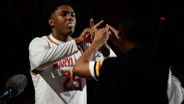 Feb 16, 2025; College Park, Maryland, USA; Maryland Terrapins center Derik Queen (25) reacts during introductions before the game against the Iowa Hawkeyes at Xfinity Center. Mandatory Credit: Reggie Hildred-Imagn Images
