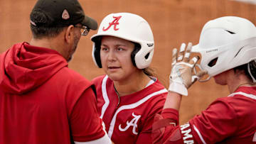 Mar 16, 2025; Tuscaloosa AL, USA; Alabama coach Patrick Murphy talks with hitter Alexis Pupillo during the game with Mississippi State. The Bulldogs defeated Alabama 4-3 Sunday to claim the series two games to one.