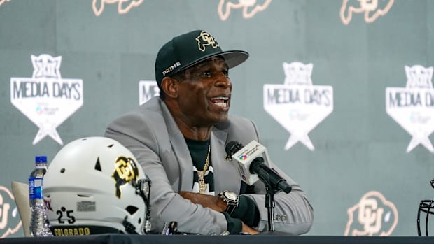  Colorado head coach Deion Sanders speaks with the media during 2025 Big 12 Football Media Days at The Star. 