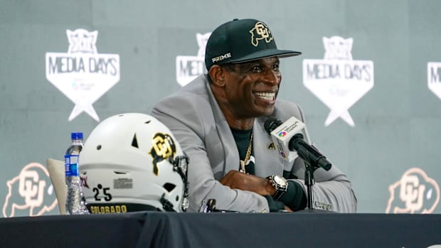 Colorado head coach Deion Sanders speaks with the media during 2025 Big 12 Football Media Days at The Star.