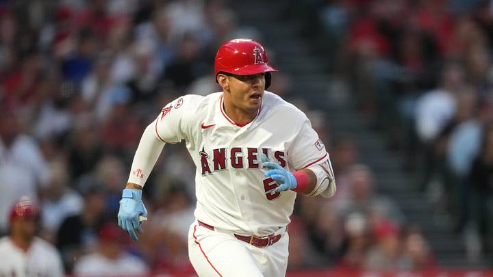 May 2, 2026; Anaheim, California, USA; Los Angeles Angels second baseman Vaughn Grissom (5) hits a two-run single in the fourth inning against the New York Mets at Angel Stadium. Mandatory Credit: Kirby Lee-Imagn Images