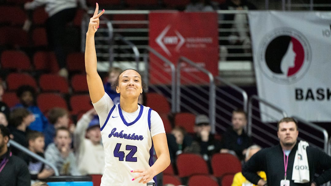 Johnston's Amani Jenkins reacts after making a 3-pointer during the IGHSAU state basketball tournament at Wells Fargo Arena on Thursday, March 6, 2025, in Des Moines.