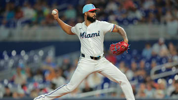 Jul 4, 2025; Miami, Florida, USA; Miami Marlins starting pitcher Sandy Alcantara (22) delivers a pitch against the Milwaukee Brewers during the first inning at loanDepot Park. Mandatory Credit: Sam Navarro-Imagn Images