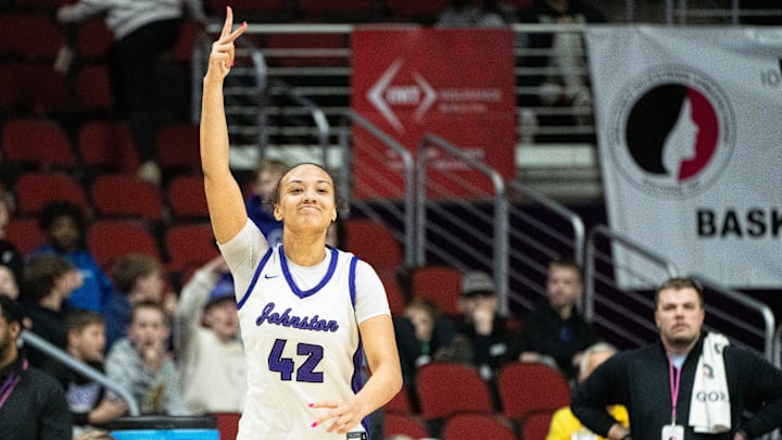 Johnston's Amani Jenkins reacts after making a 3-pointer during the IGHSAU state basketball tournament at Wells Fargo Arena on Thursday, March 6, 2025, in Des Moines.
