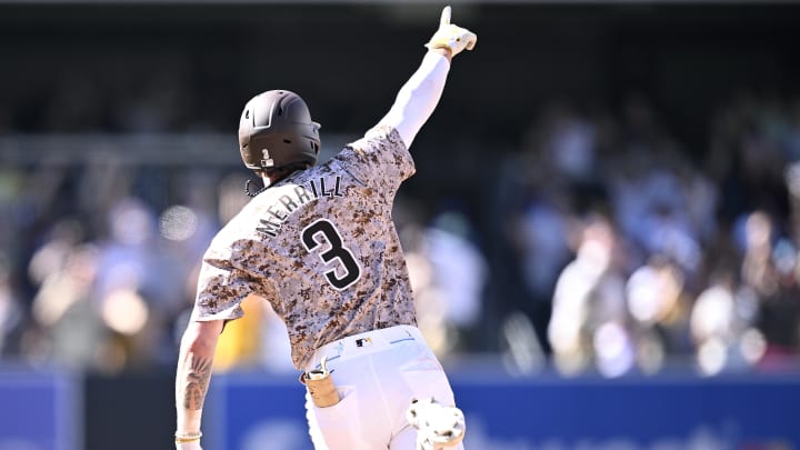 San Diego Padres center fielder Jackson Merrill (3) rounds the bases after hitting a walk-off home run against the New York Mets the at Petco Park on Aug 25.