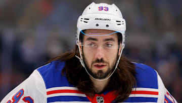 Dec 11, 2024; Buffalo, New York, USA;  New York Rangers center Mika Zibanejad (93) waits for the face-off during the first period against the Buffalo Sabres at KeyBank Center. Mandatory Credit: Timothy T. Ludwig-Imagn Images
