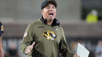 Nov 15, 2025; Columbia, Missouri, USA; Missouri Tigers head coach Eliah Drinkwitz reacts to play against the Mississippi State Bulldogs during the first half of the game at Faurot Field at Memorial Stadium. Mandatory Credit: Denny Medley-Imagn Images