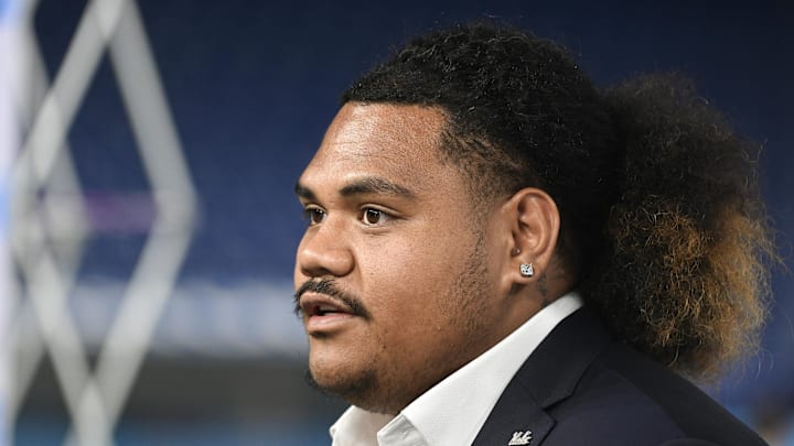 Jul 24, 2024; Indianapolis, IN, USA; UCLA Bruins defensive lineman Jay Toia speaks to the media during the Big 10 football media day at Lucas Oil Stadium. Mandatory Credit: Robert Goddin-Imagn Images
