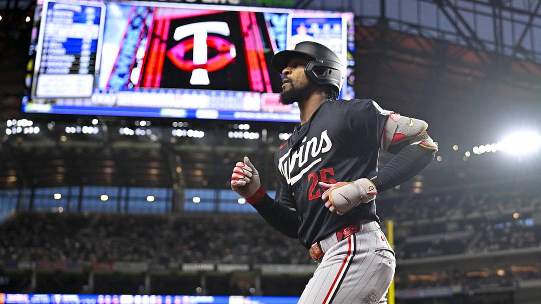 Jun 15, 2026; Arlington, Texas, USA; Minnesota Twins center fielder Byron Buxton (25) comes off the field after hitting a home run against the Texas Rangers during the game at Globe Life Field. Mandatory Credit: Jerome Miron-Imagn Images