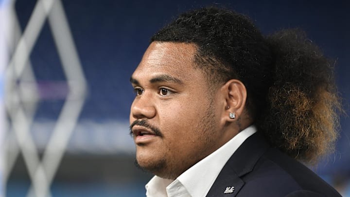Jul 24, 2024; Indianapolis, IN, USA; UCLA Bruins defensive lineman Jay Toia speaks to the media during the Big 10 football media day at Lucas Oil Stadium. Mandatory Credit: Robert Goddin-Imagn Images