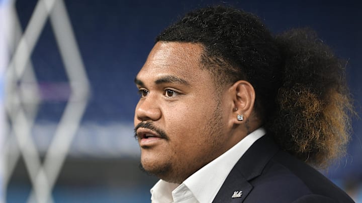 UCLA Bruins defensive lineman Jay Toia speaks to the media during the Big 10 football media day at Lucas Oil Stadium.