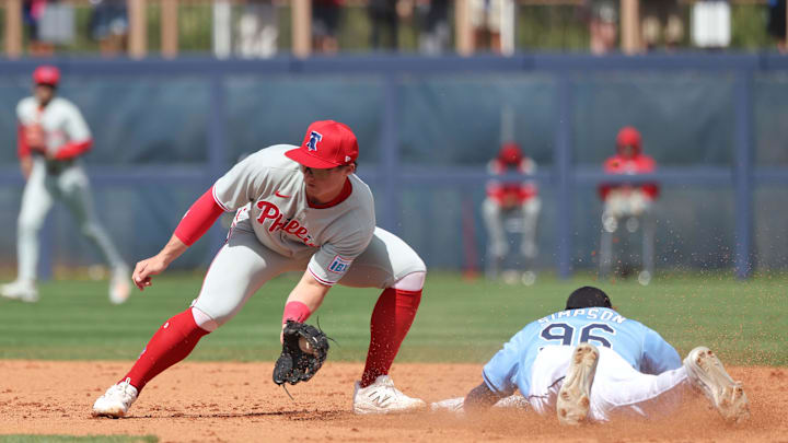 Feb 25, 2025; Port Charlotte, Florida, USA;  Tampa Bay Rays outfielder Chandler Simpson (96) slides safely into second base against Philadelphia Phillies infielder Aidan Miller (81) at Charlotte Sports Park. Mandatory Credit: Kim Klement Neitzel-Imagn Images