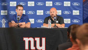 Jul 24, 2024; East Rutherford, NJ, USA; New York Giants general manager Joe Schoen (left) and head coach Brian Dabol talks to media before the start of training camp at Quest Diagnostics Training Facility. Mandatory Credit: Vincent Carchietta-Imagn Images