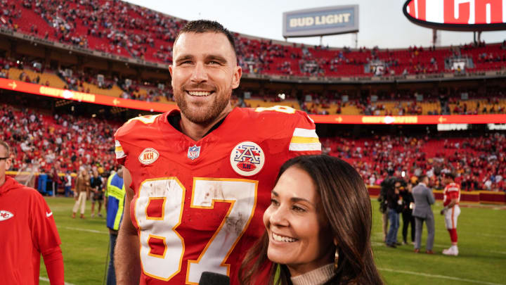 Oct 22, 2023; Kansas City, Missouri, USA; Kansas City Chiefs tight end Travis Kelce (87) talks with media after the win over the Los Angeles Chargers at GEHA Field at Arrowhead Stadium. Mandatory Credit: Denny Medley-USA TODAY Sports