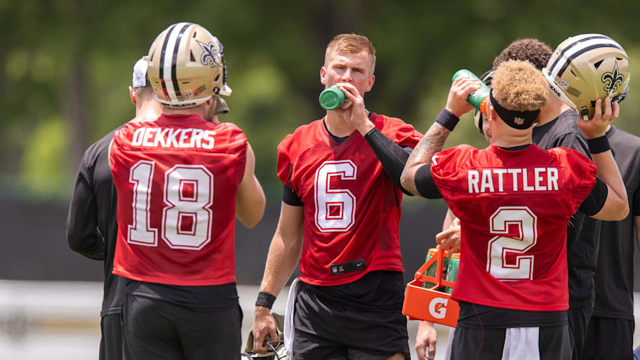 The New Orleans Saints have a three-man quarterback competition consisting of Tyler Shough, Spencer Rattler and Jake Haener. | Stephen Lew-Imagn Images