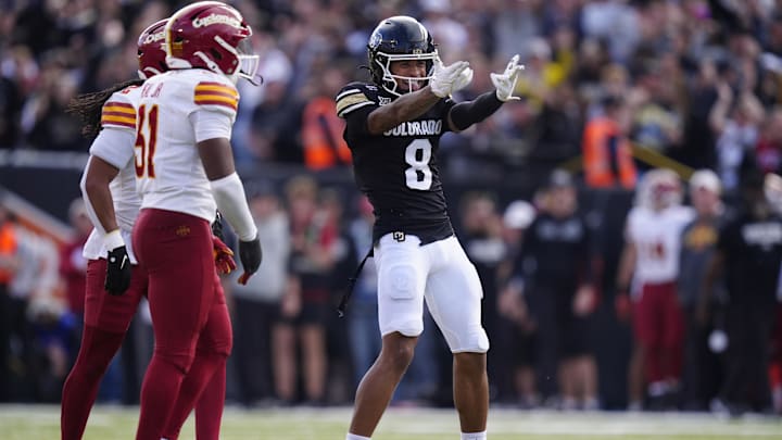 Oct 11, 2025; Boulder, Colorado, USA; Colorado Buffaloes wide receiver Joseph Williams (8) celebrates his first down in the fourth quarter against the Iowa State Cyclones at Folsom Field. Mandatory Credit: Ron Chenoy-Imagn Images