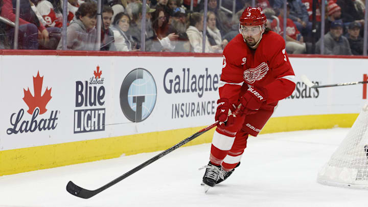 Jan 25, 2025; Detroit, Michigan, USA;  Detroit Red Wings defenseman Justin Holl (3) skates with the puck in the first period against the Tampa Bay Lightning at Little Caesars Arena. Mandatory Credit: Rick Osentoski-Imagn Images