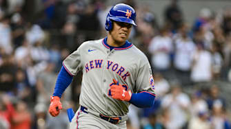 May 16, 2025; Bronx, New York, USA; New York Mets outfielder Juan Soto (22) heads to first base after a walk during the first inning against the New York Yankees at Yankee Stadium. Mandatory Credit: John Jones-Imagn Images