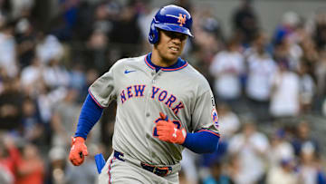 May 16, 2025; Bronx, New York, USA; New York Mets outfielder Juan Soto (22) heads to first base after a walk during the first inning against the New York Yankees at Yankee Stadium. Mandatory Credit: John Jones-Imagn Images