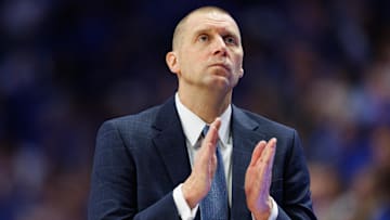 Jan 4, 2025; Lexington, Kentucky, USA; Kentucky Wildcats head coach Mark Pope claps during the first half against the Florida Gators at Rupp Arena at Central Bank Center. Mandatory Credit: Jordan Prather-Imagn Images