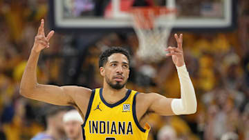 Indiana Pacers guard Tyrese Haliburton reacts after a play against the Oklahoma City Thunder.