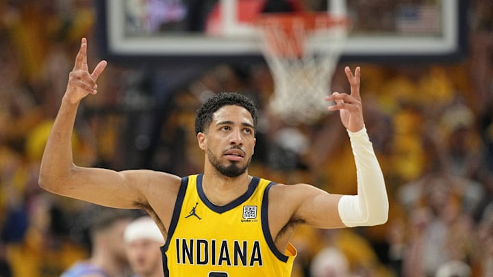 Indiana Pacers guard Tyrese Haliburton reacts after a play against the Oklahoma City Thunder. Indiana Pacers guard Tyrese Haliburton reacts after a play against the Oklahoma City Thunder.