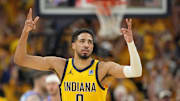 Jun 19, 2025; Indianapolis, Indiana, USA; Indiana Pacers guard Tyrese Haliburton (0) reacts after a play against the Oklahoma City Thunder during the first half of game six of the 2025 NBA Finals between the Oklahoma City Thunder and the Indiana Pacers at Gainbridge Fieldhouse. Mandatory Credit: Kyle Terada-Imagn Images
