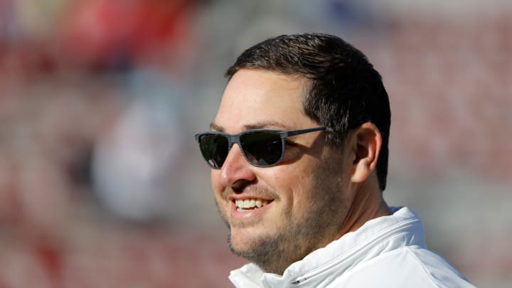 Oklahoma offensive coordinator Jeff Lebby is pictured before a college football game between the University of Oklahoma Sooners (OU) and the TCU Horned Frogs at Gaylord Family-Oklahoma Memorial Stadium in Norman, Okla., Friday, Nov. 24, 2023. Oklahoma won 69-45.