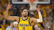 Indiana Pacers guard Tyrese Haliburton reacts after a play against the Oklahoma City Thunder.