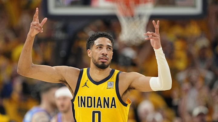 Indiana Pacers guard Tyrese Haliburton reacts after a play against the Oklahoma City Thunder. Indiana Pacers guard Tyrese Haliburton reacts after a play against the Oklahoma City Thunder.