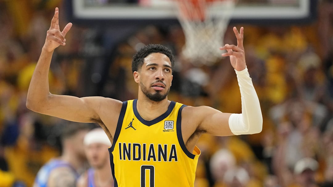 Jun 19, 2025; Indianapolis, Indiana, USA; Indiana Pacers guard Tyrese Haliburton (0) reacts after a play against the Oklahoma City Thunder during the first half of game six of the 2025 NBA Finals between the Oklahoma City Thunder and the Indiana Pacers at Gainbridge Fieldhouse. Mandatory Credit: Kyle Terada-Imagn Images