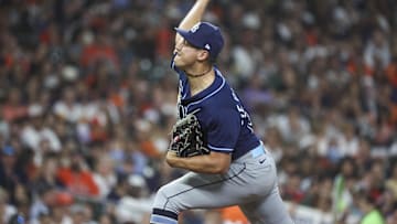 Jul 28, 2023; Houston, Texas, USA; Tampa Bay Rays relief pitcher Robert Stephenson (26) delivers a pitch during the sixth inning against the Houston Astros at Minute Maid Park. Mandatory Credit: Troy Taormina-Imagn Images