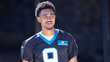 Jul 26, 2025; Charlotte, NC, USA; Carolina Panthers quarterback Bryce Young (9) walks to practice during training camp. Mandatory Credit: Scott Kinser-Imagn Images
