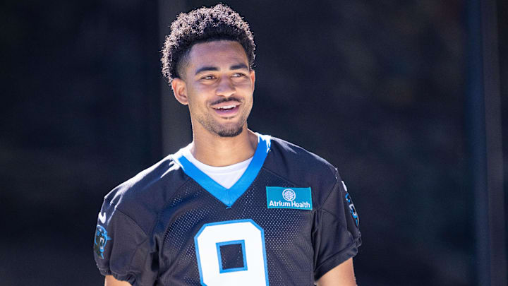 Jul 26, 2025; Charlotte, NC, USA; Carolina Panthers quarterback Bryce Young (9) walks to practice during training camp. Mandatory Credit: Scott Kinser-Imagn Images