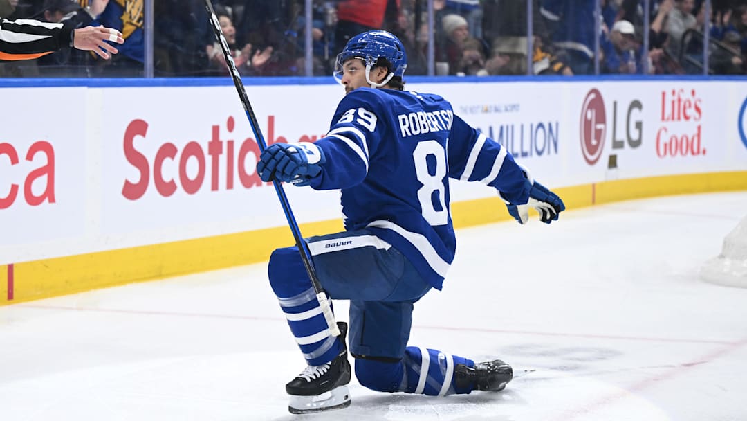 Nov 8, 2025; Toronto, Ontario, CAN;  Toronto Maple Leafs forward Nick Robertson (89) celebrates after scoring a goal against the Boston Bruins in the first period at Scotiabank Arena. Mandatory Credit: Dan Hamilton-Imagn Images