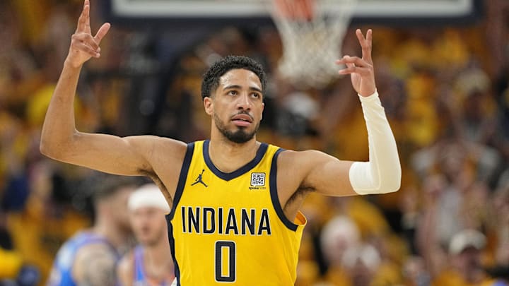 Jun 19, 2025; Indianapolis, Indiana, USA; Indiana Pacers guard Tyrese Haliburton (0) reacts after a play against the Oklahoma City Thunder during the first half of game six of the 2025 NBA Finals between the Oklahoma City Thunder and the Indiana Pacers at Gainbridge Fieldhouse. Mandatory Credit: Kyle Terada-Imagn Images