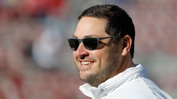 Oklahoma offensive coordinator Jeff Lebby is pictured before a college football game between the University of Oklahoma Sooners (OU) and the TCU Horned Frogs at Gaylord Family-Oklahoma Memorial Stadium in Norman, Okla., Friday, Nov. 24, 2023. Oklahoma won 69-45.