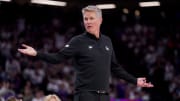Apr 16, 2024; Sacramento, California, USA; Golden State Warriors head coach Steve Kerr looks towards the team bench after a foul call during action against the Sacramento Kings in the fourth quarter during a play-in game at the Golden 1 Center. 