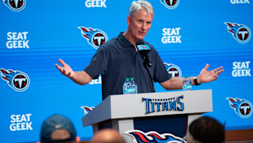 Tennessee Titans interim head coach Mike McCoy speaks to the media during his first press conference as interim head coach at Ascension Saint Thomas Sports Park in Nashville, Tenn., Tuesday, Oct. 14, 2025. Titans head coach Brian Callahan was fired Monday after leading the team to a 4-19 record over his tenure.