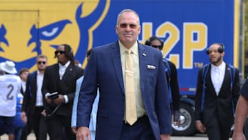 Sep 27, 2025; Pittsburgh, Pennsylvania, USA;  Pittsburgh Panthers head coach Pat Narduzzi arrives at the stadium to coach the Panthers against the Louisville Cardinals at Acrisure Stadium. Mandatory Credit: Charles LeClaire-Imagn Images