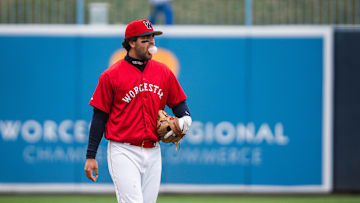 WooSox shortstop Marcelo Mayer gets ready for play during a game at Polar Park on April 13, 2025.
