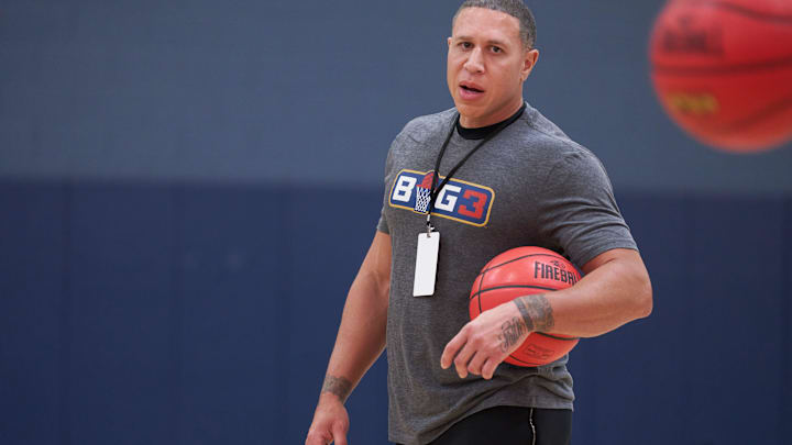 Mar 19, 2022; Scottsdale, AZ, United States; Mike Bibby walks the sidelines while athletes warmup for the BIG3 tryouts at Victorium.

Basketball Big3 Tryouts