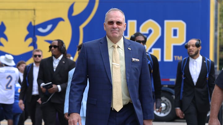Sep 27, 2025; Pittsburgh, Pennsylvania, USA; Pittsburgh Panthers head coach Pat Narduzzi arrives at the stadium to coach the Panthers against the Louisville Cardinals at Acrisure Stadium. Mandatory Credit: Charles LeClaire-Imagn Images Sep 27, 2025; Pittsburgh, Pennsylvania, USA; Pittsburgh Panthers head coach Pat Narduzzi arrives at the stadium to coach the Panthers against the Louisville Cardinals at Acrisure Stadium. Mandatory Credit: Charles LeClaire-Imagn Images