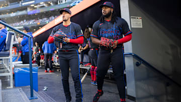 Jose Berrios and Vladimir Guerrero Jr. of the Toronto Blue Jays prepare to take the field for a 2024 game against the Pittsburgh Pirates.