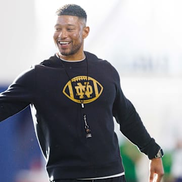 Notre Dame head coach Marcus Freeman greets his players during a Notre Dame football spring practice at Irish Athletic Center on Wednesday, March 19, 2025, in South Bend.