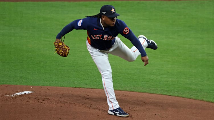 Houston Astros starting pitcher Framber Valdez (59) throws a pitch