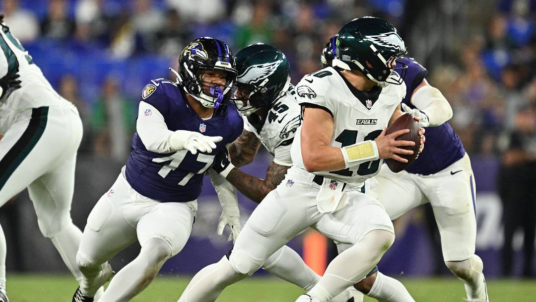 Aug 15, 2026; Baltimore, Maryland, USA;  Baltimore Ravens fullback Lucas Scott (47) chases down the Philadelphia Eagles quarterback at M&T Bank Stadium. Mandatory Credit: Jamie Sabau-Imagn Images