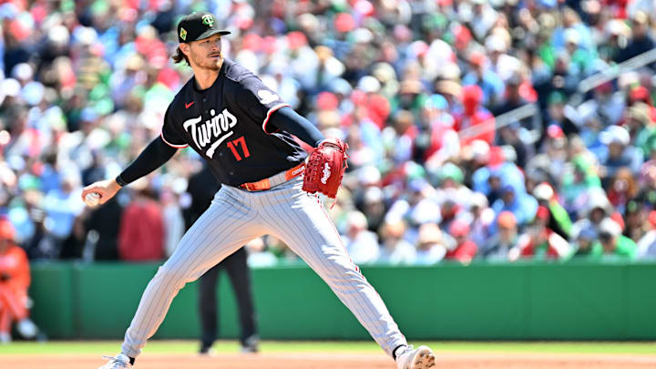 Mar 17, 2026; Clearwater, Florida, USA; Minnesota Twins starting pitcher Bailey Ober (17) throws a pitch in the first inning against the Philadelphia Phillies during spring training at BayCare Ballpark. Mandatory Credit: Jonathan Dyer-Imagn Images